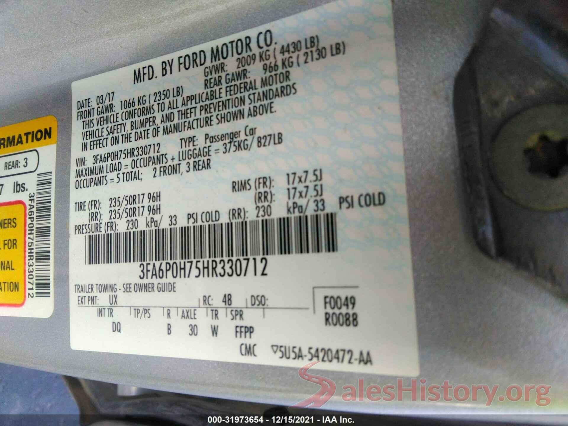 3FA6P0H75HR330712 2017 FORD FUSION