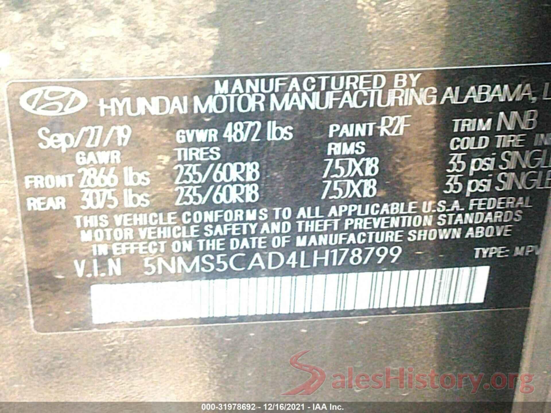 5NMS5CAD4LH178799 2020 HYUNDAI SANTA FE