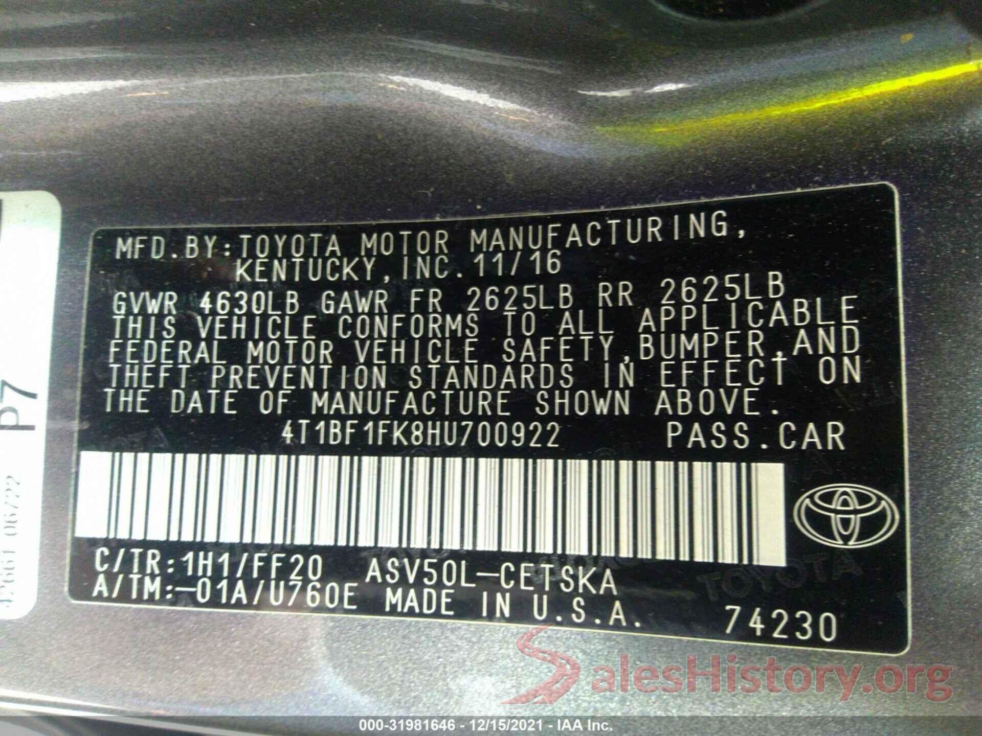 4T1BF1FK8HU700922 2017 TOYOTA CAMRY