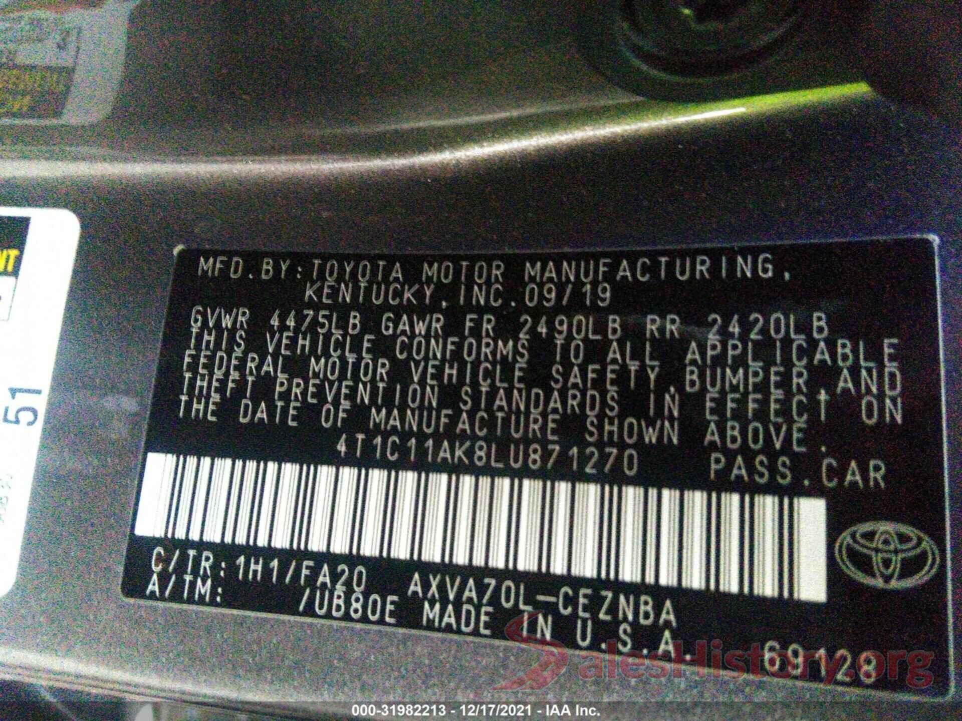 4T1C11AK8LU871270 2020 TOYOTA CAMRY