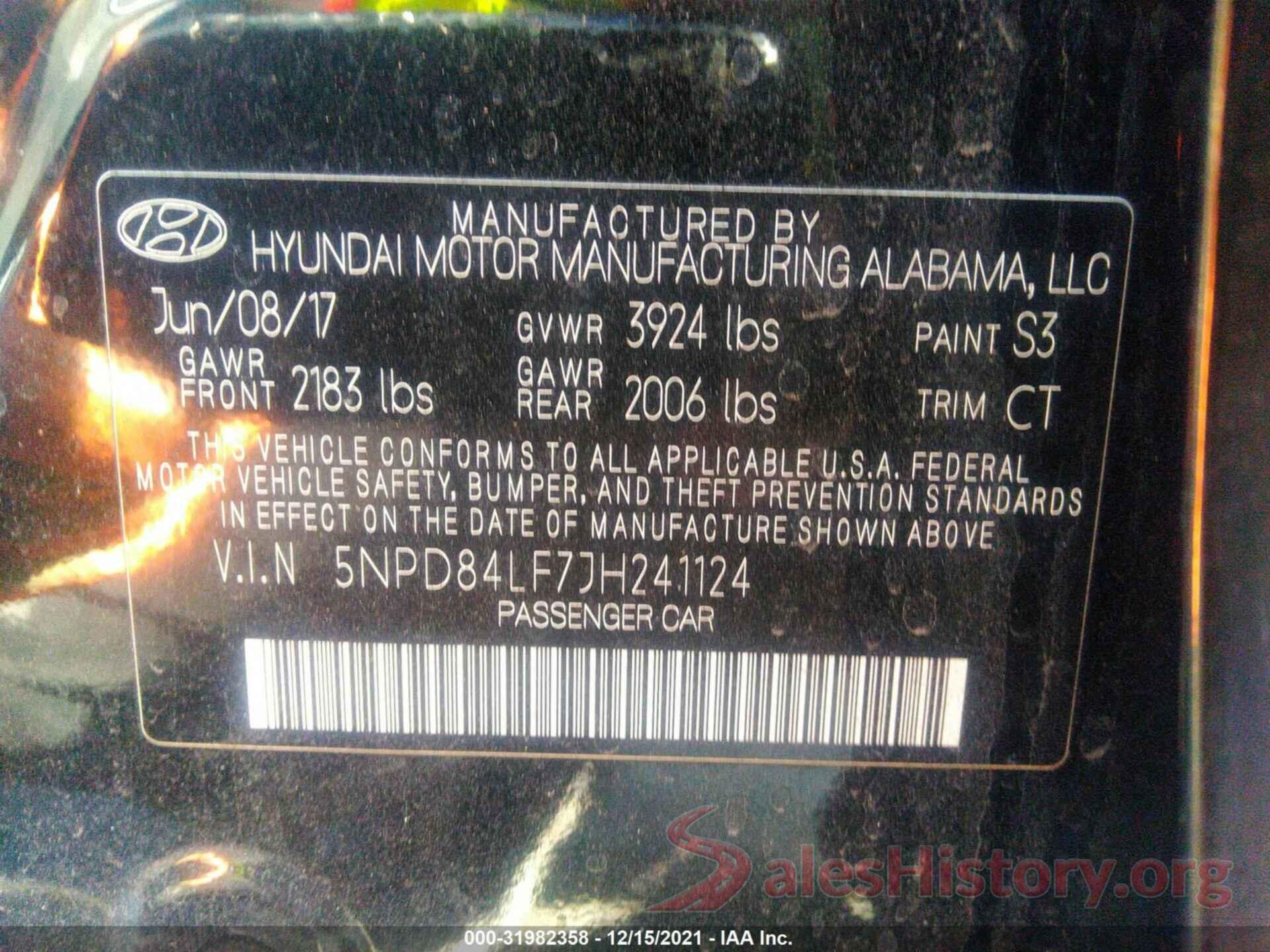 5NPD84LF7JH241124 2018 HYUNDAI ELANTRA