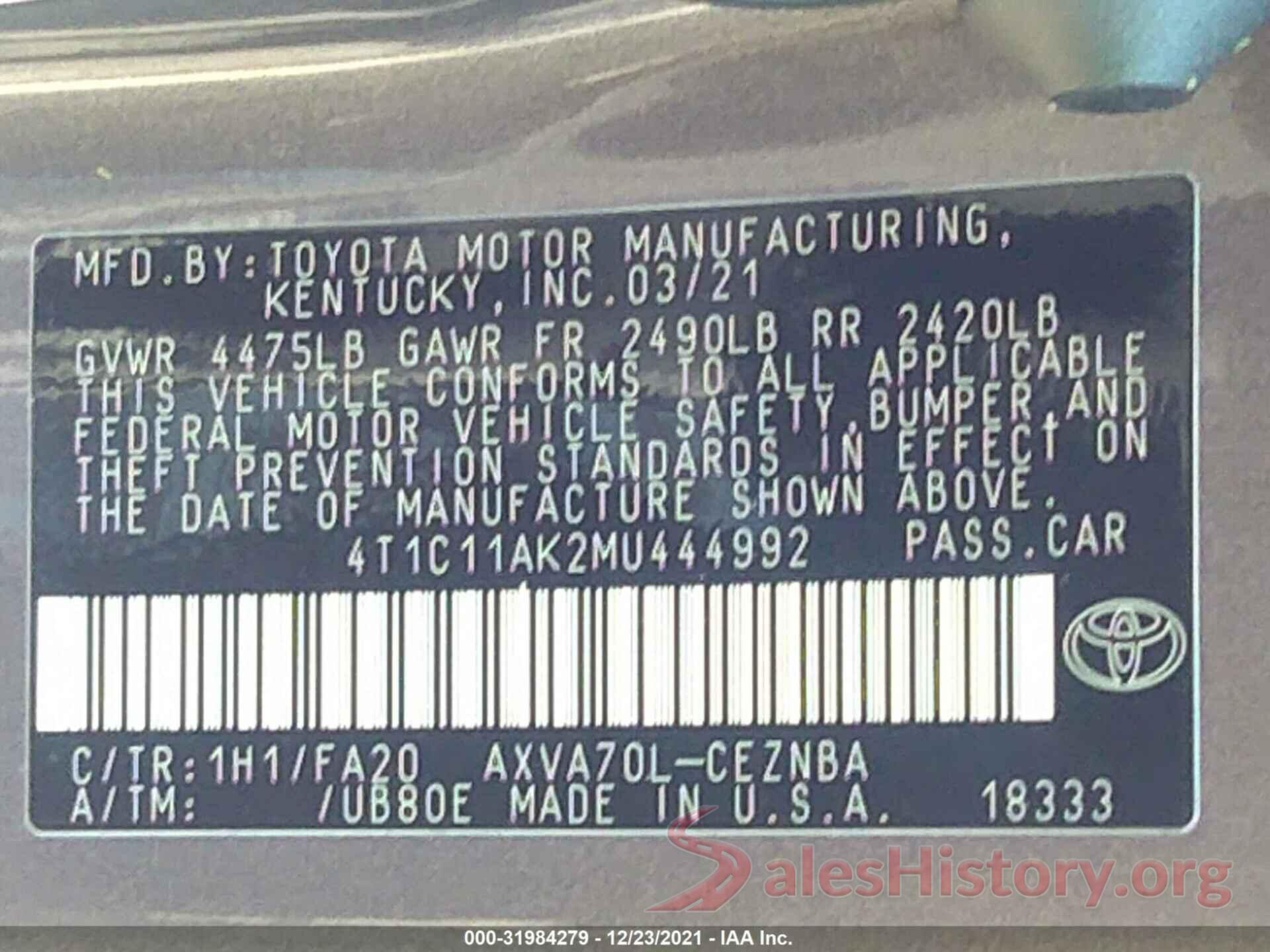 4T1C11AK2MU444992 2021 TOYOTA CAMRY