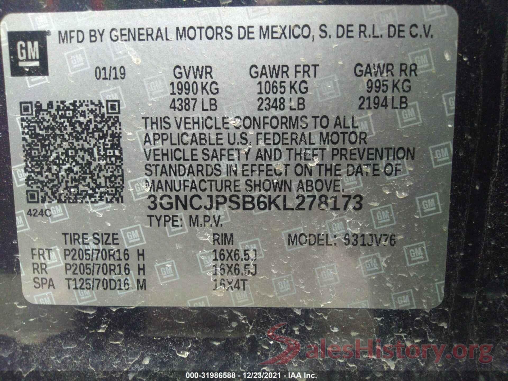 3GNCJPSB6KL278173 2019 CHEVROLET TRAX