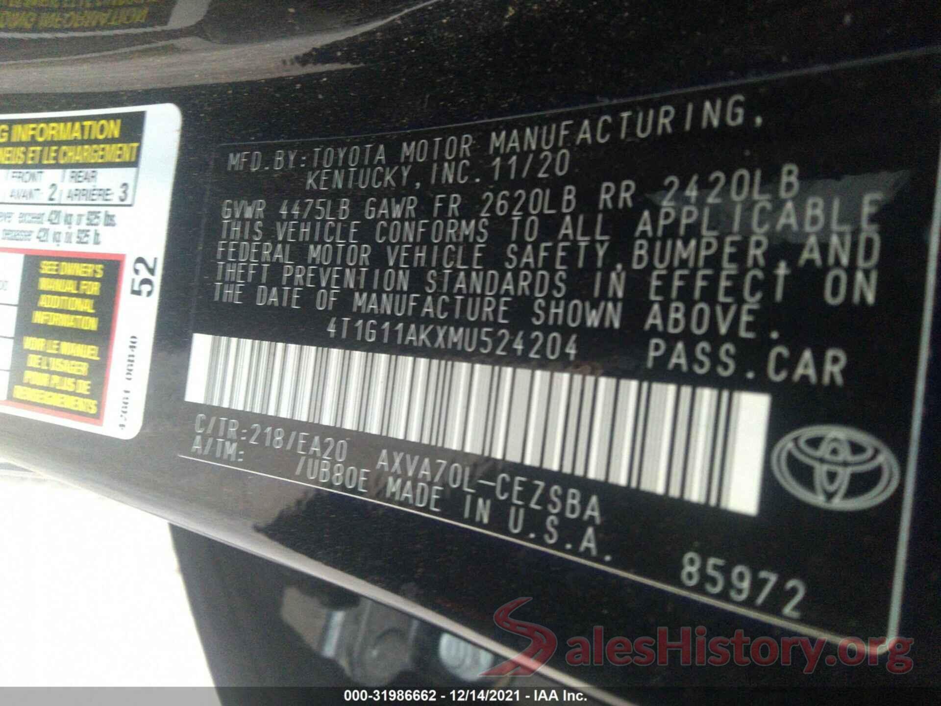 4T1G11AKXMU524204 2021 TOYOTA CAMRY