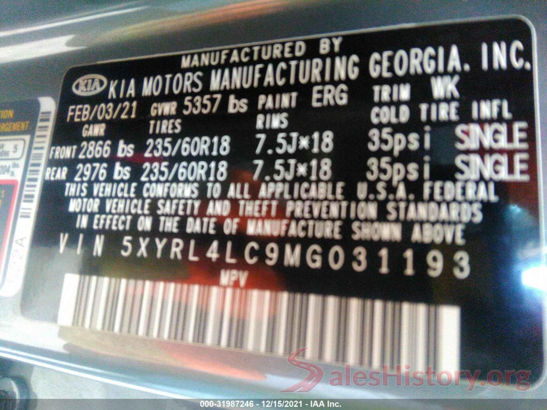 5XYRL4LC9MG031193 2021 KIA SORENTO