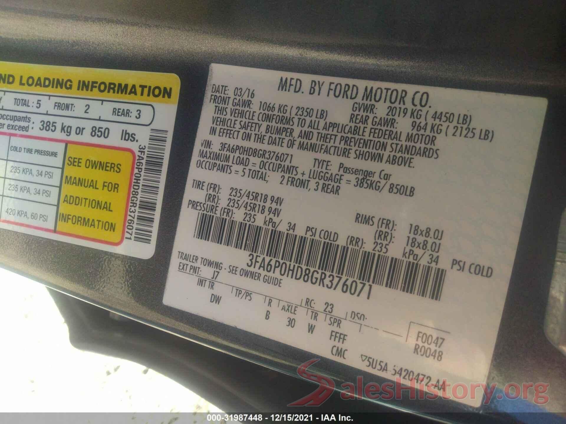 3FA6P0HD8GR376071 2016 FORD FUSION