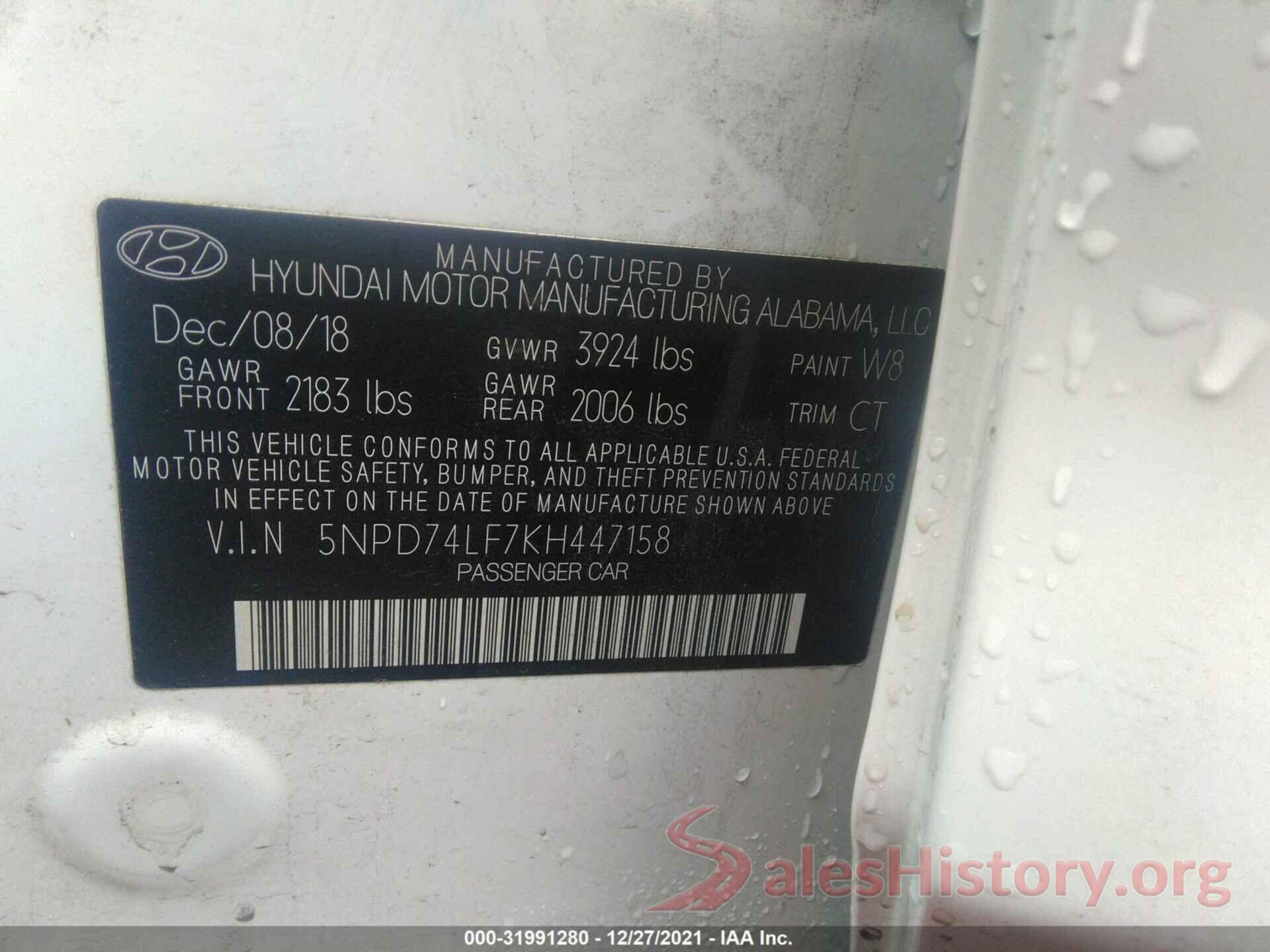 5NPD74LF7KH447158 2019 HYUNDAI ELANTRA