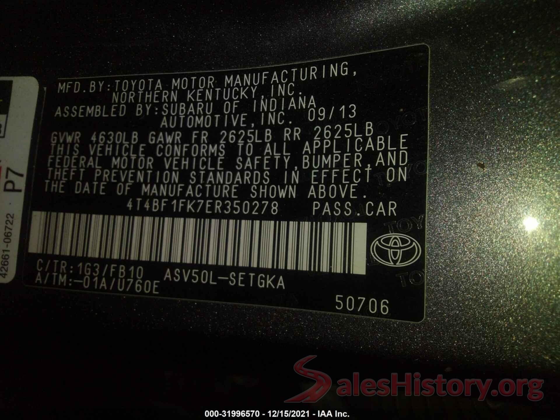 4T4BF1FK7ER350278 2014 TOYOTA CAMRY