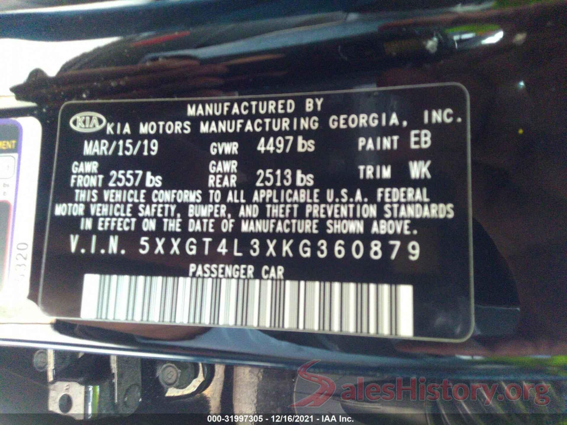 5XXGT4L3XKG360879 2019 KIA OPTIMA