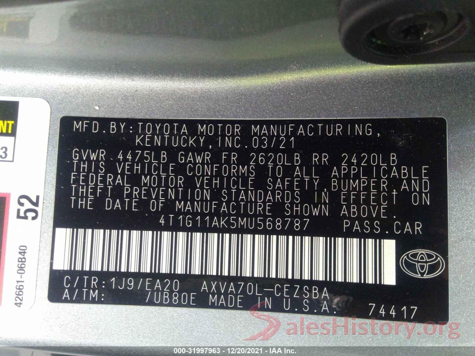 4T1G11AK5MU568787 2021 TOYOTA CAMRY