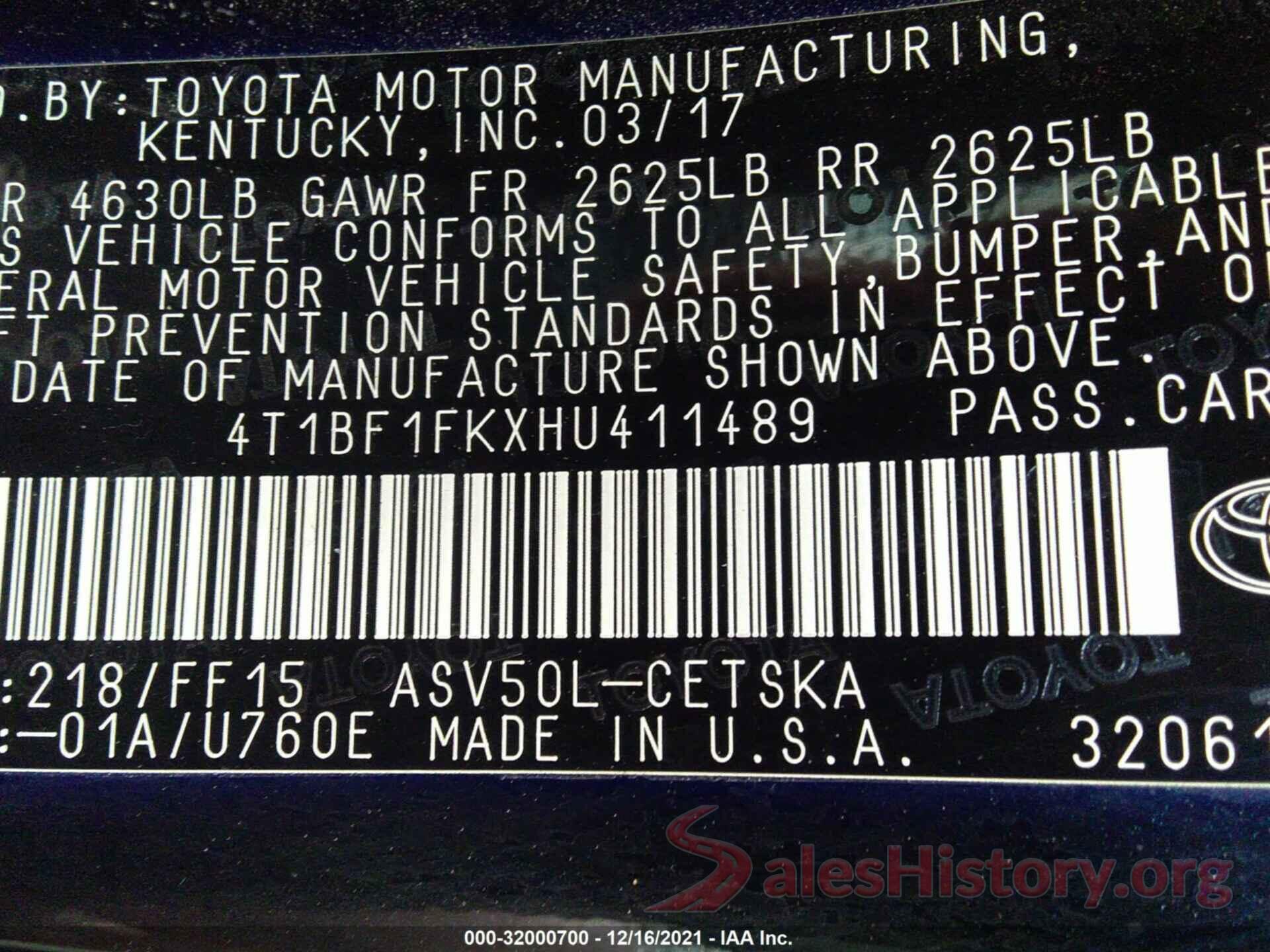 4T1BF1FKXHU411489 2017 TOYOTA CAMRY