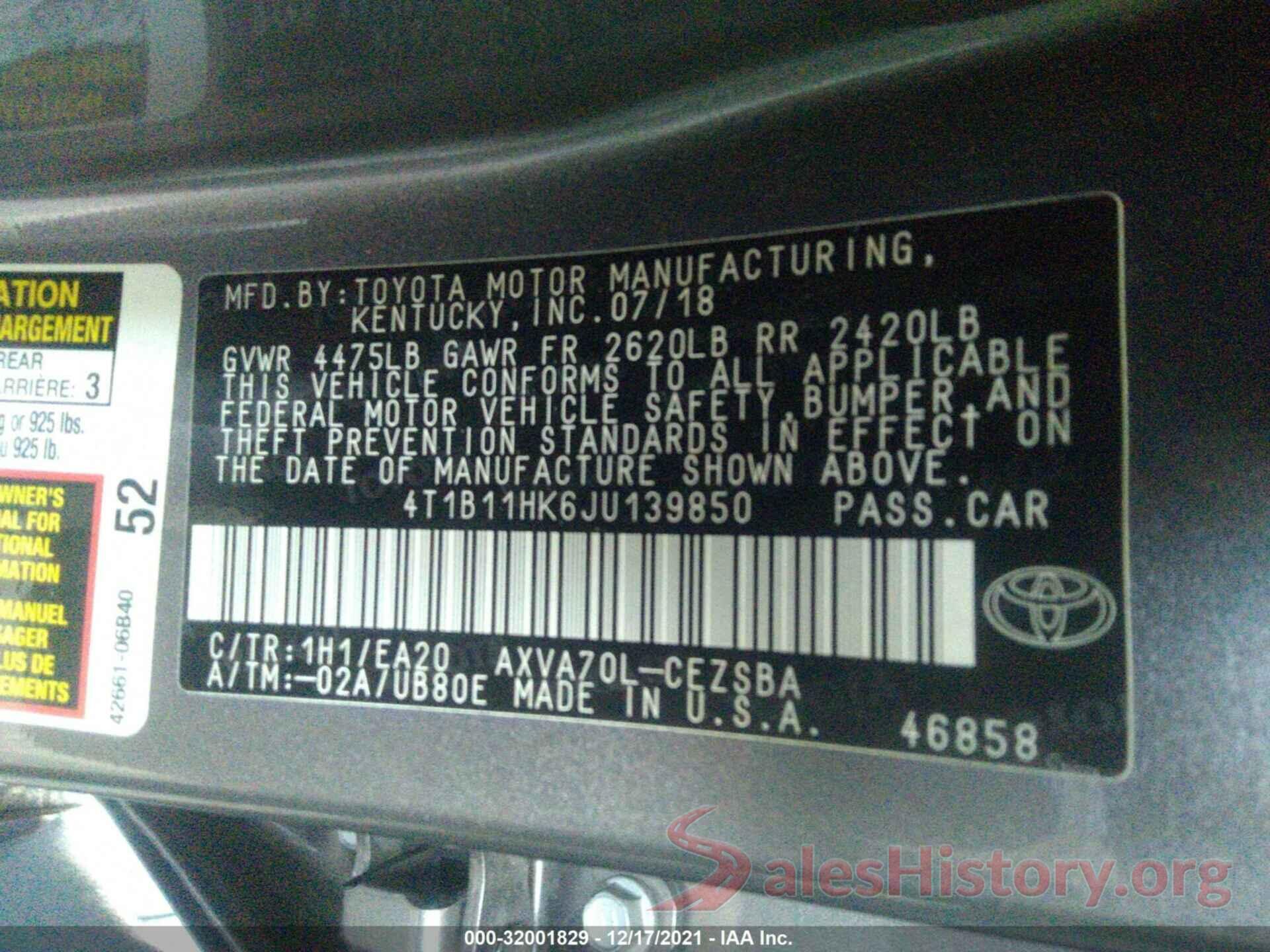 4T1B11HK6JU139850 2018 TOYOTA CAMRY