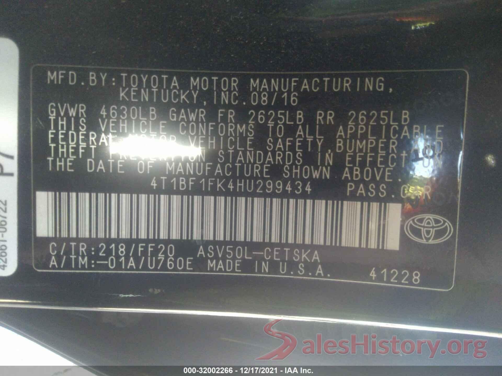 4T1BF1FK4HU299434 2017 TOYOTA CAMRY