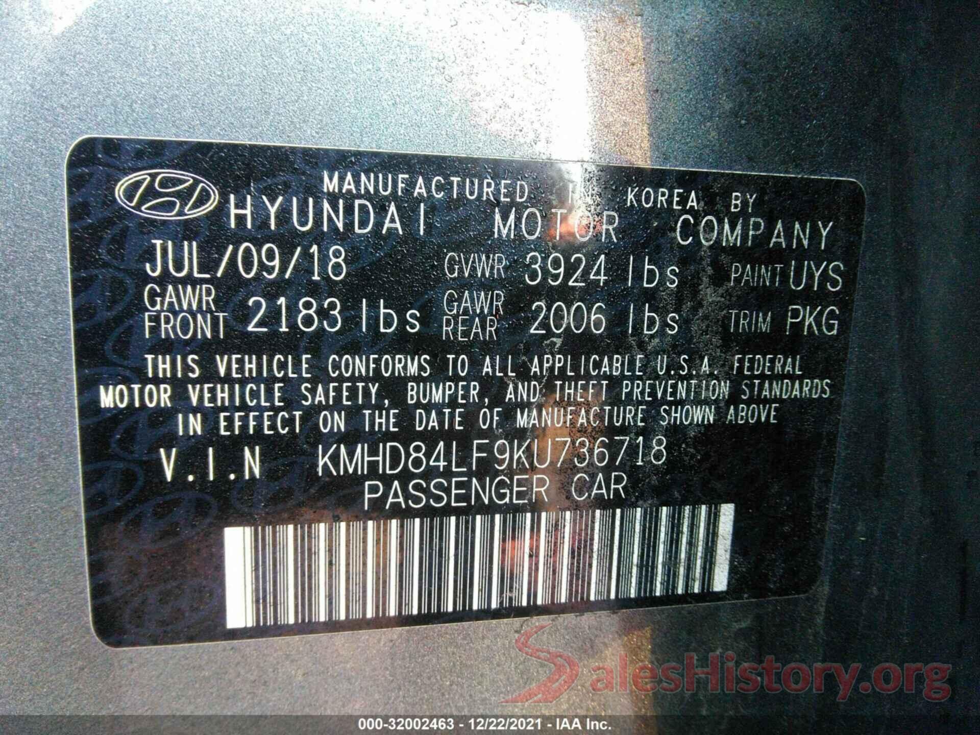 KMHD84LF9KU736718 2019 HYUNDAI ELANTRA