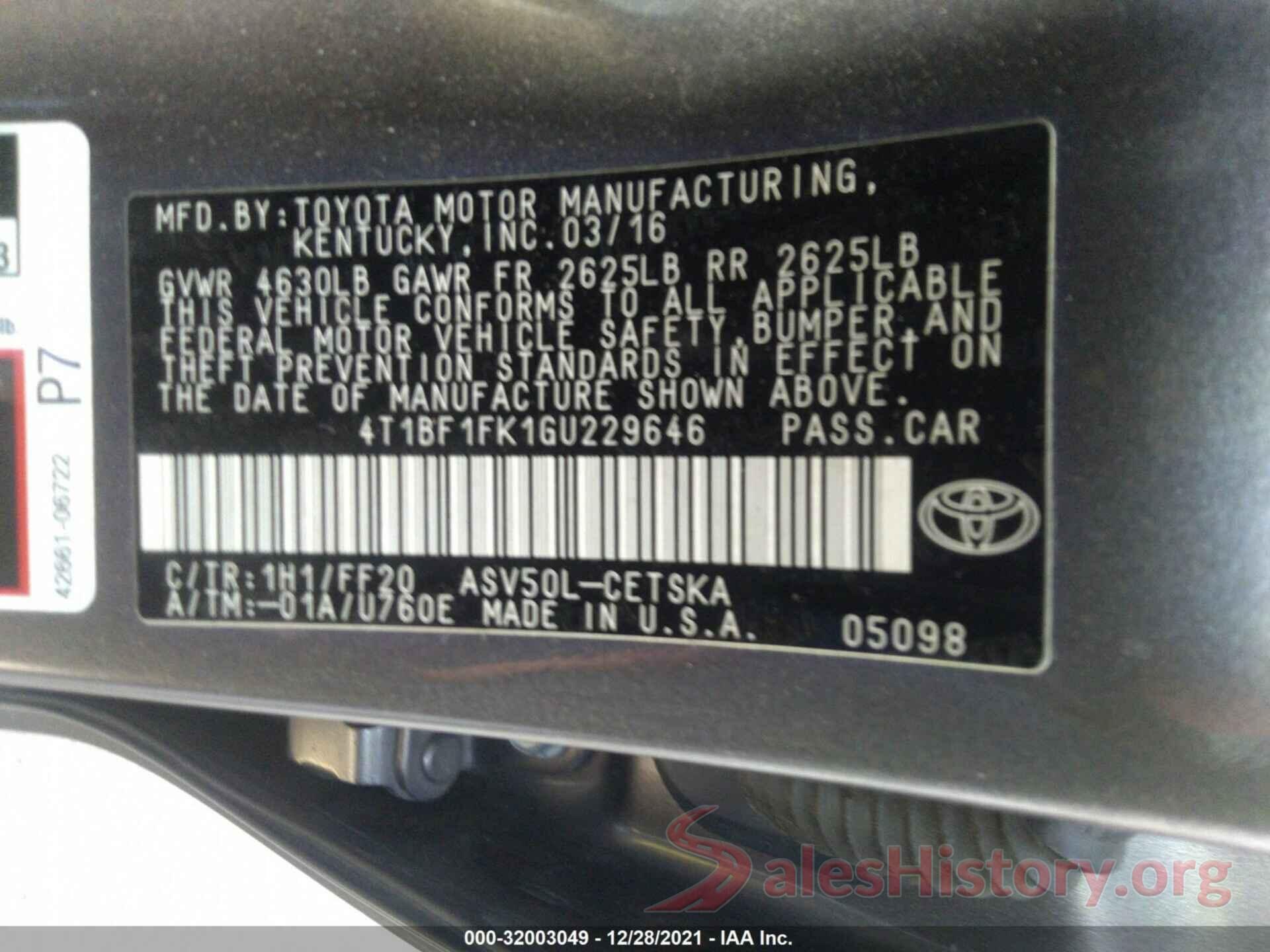 4T1BF1FK1GU229646 2016 TOYOTA CAMRY