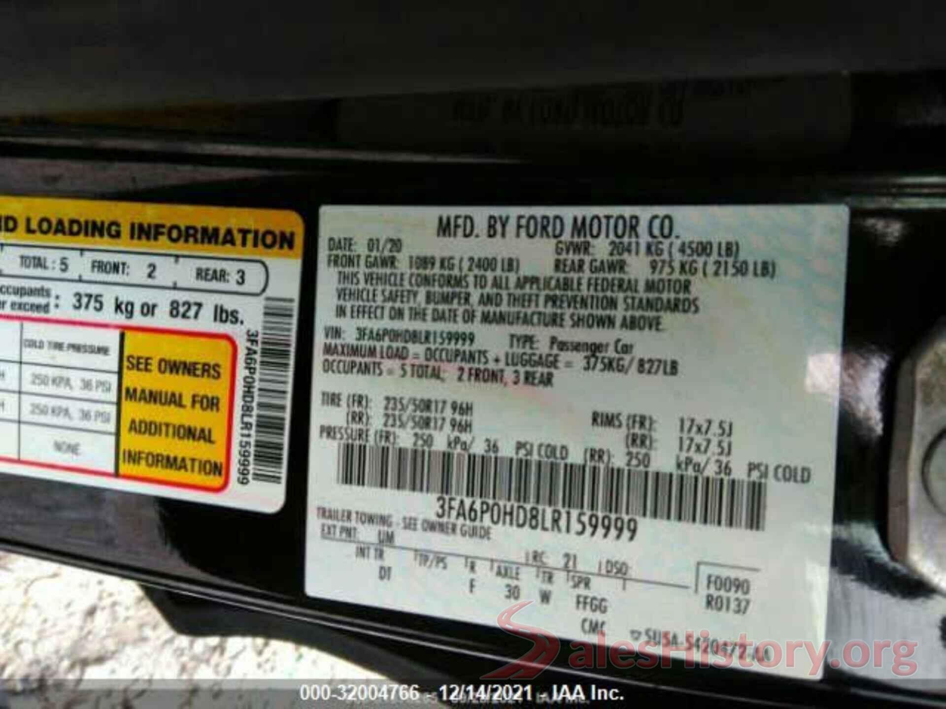 3FA6P0HD8LR159999 2020 FORD FUSION