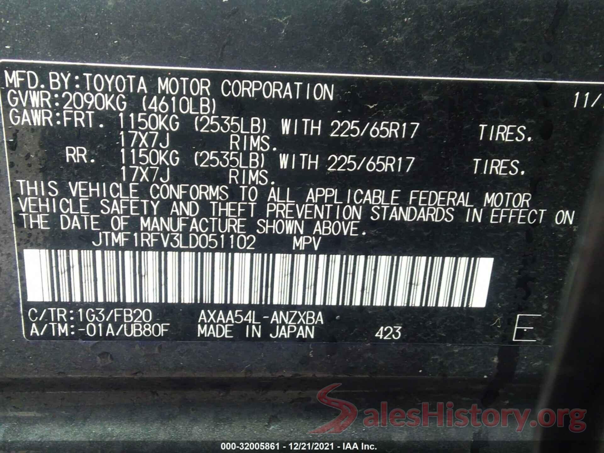 JTMF1RFV3LD051102 2020 TOYOTA RAV4