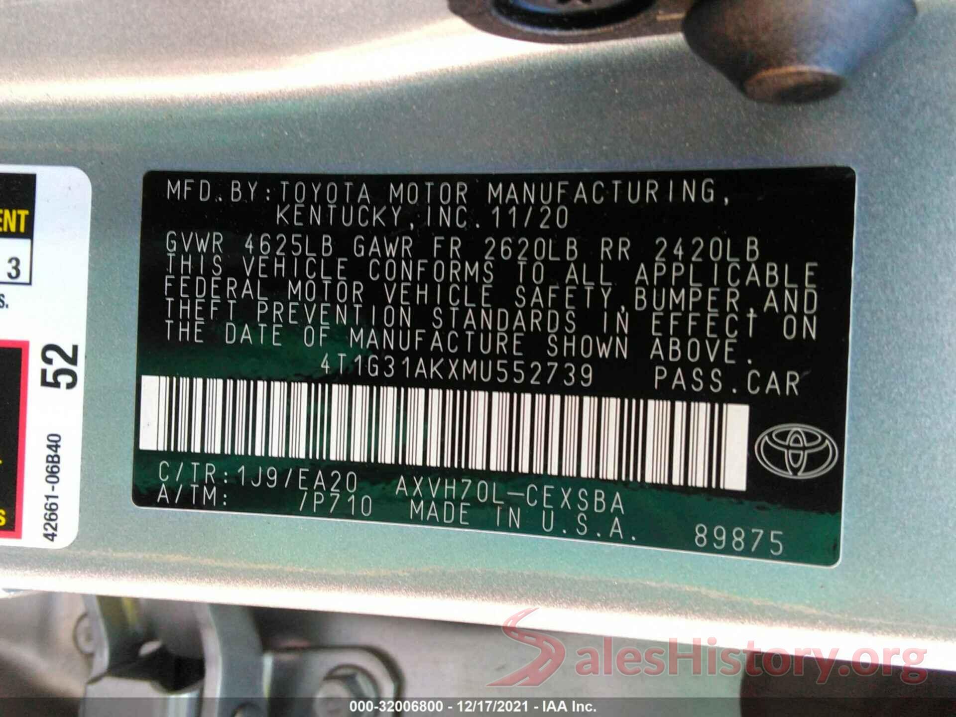 4T1G31AKXMU552739 2021 TOYOTA CAMRY