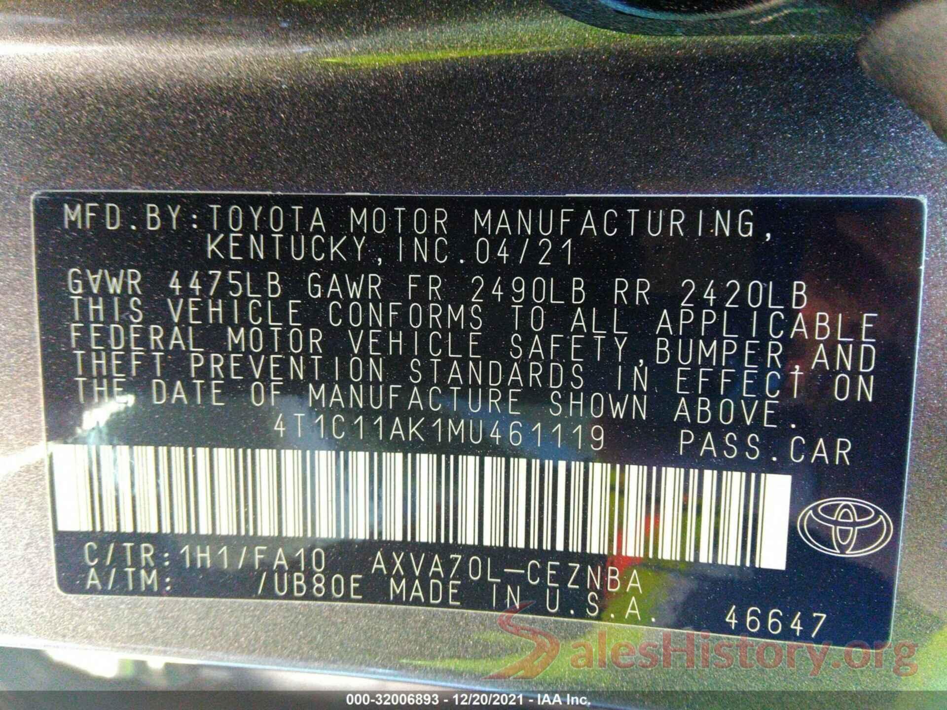 4T1C11AK1MU461119 2021 TOYOTA CAMRY