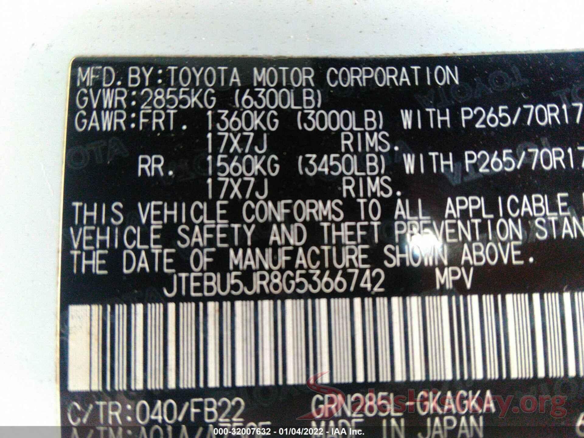 JTEBU5JR8G5366742 2016 TOYOTA 4RUNNER