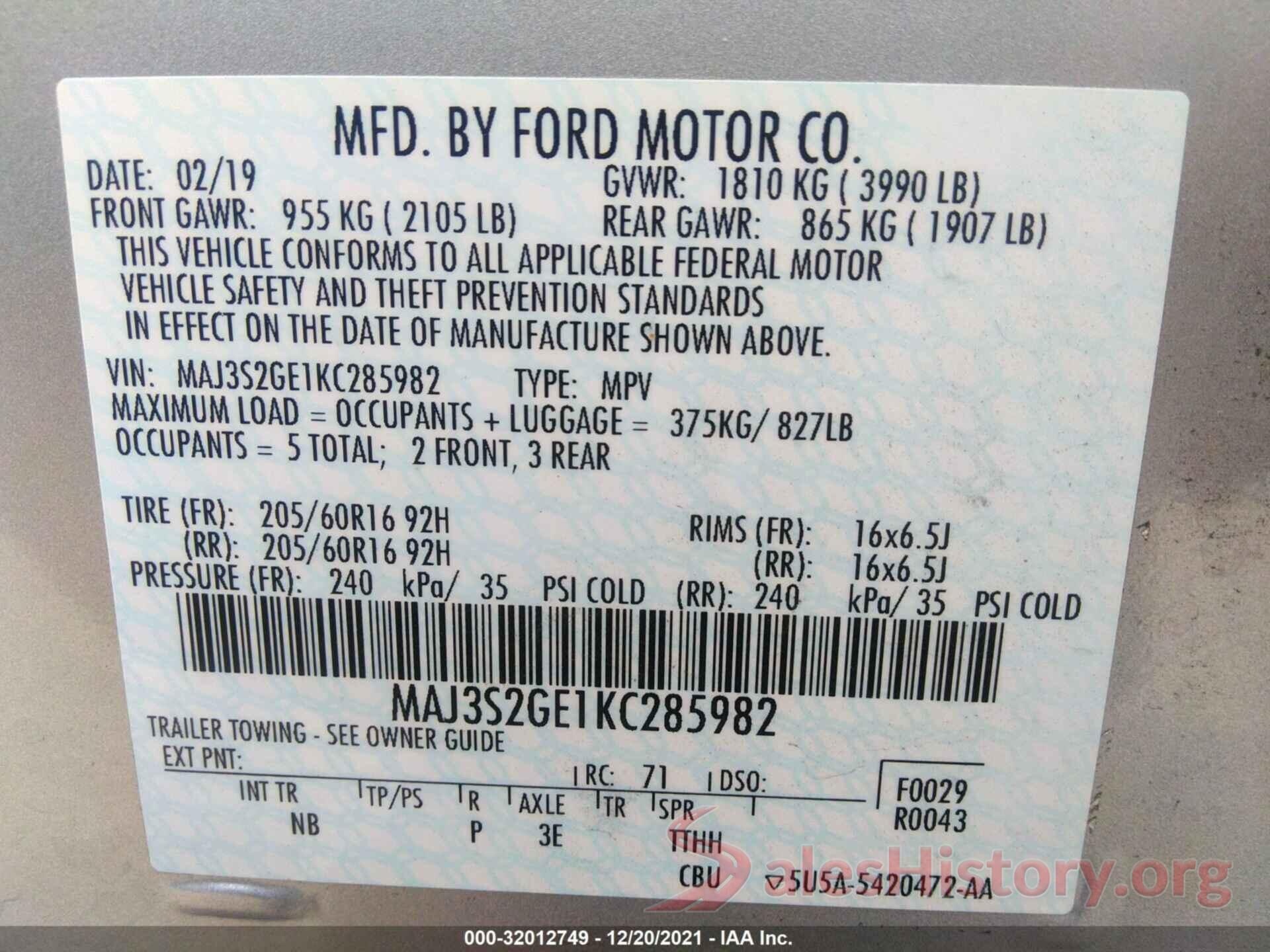 MAJ3S2GE1KC285982 2019 FORD ECOSPORT