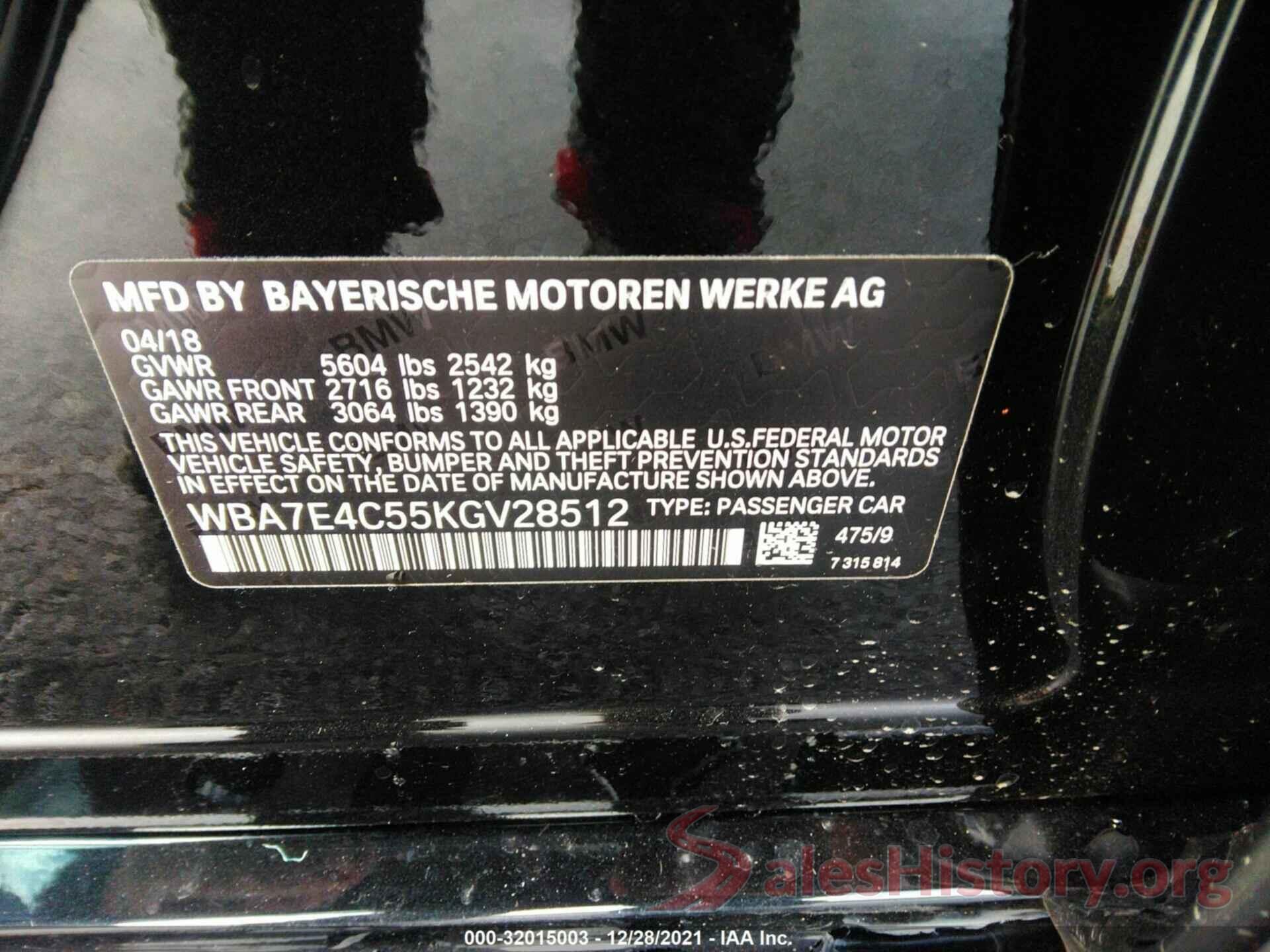 WBA7E4C55KGV28512 2019 BMW 7 SERIES