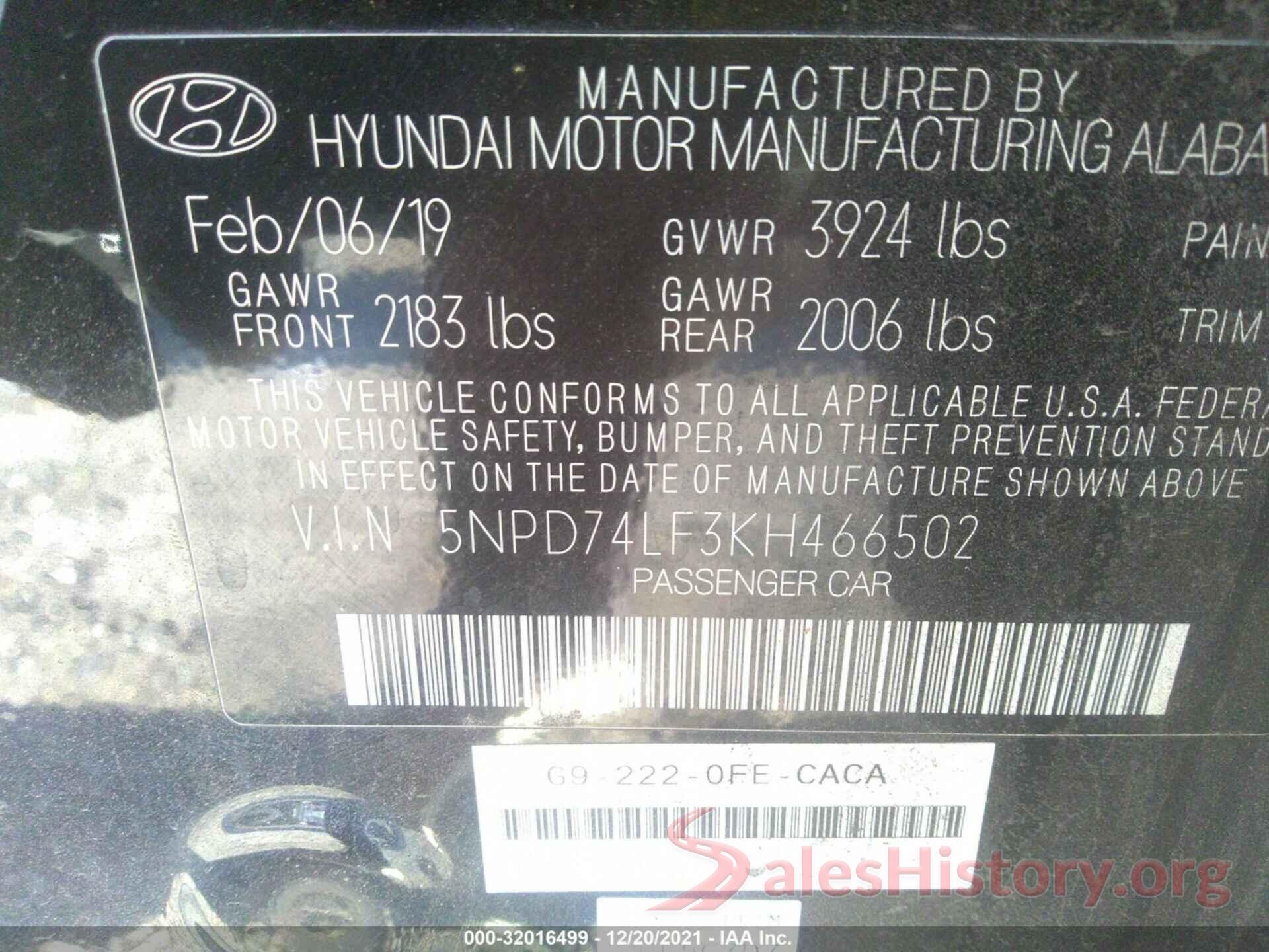 5NPD74LF3KH466502 2019 HYUNDAI ELANTRA