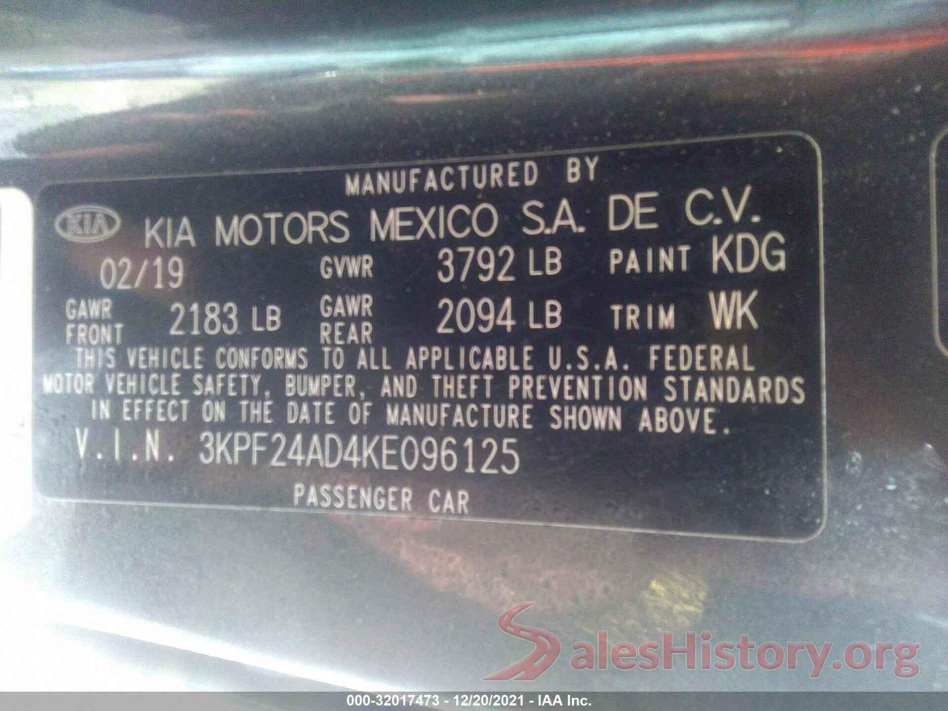 3KPF24AD4KE096125 2019 KIA FORTE