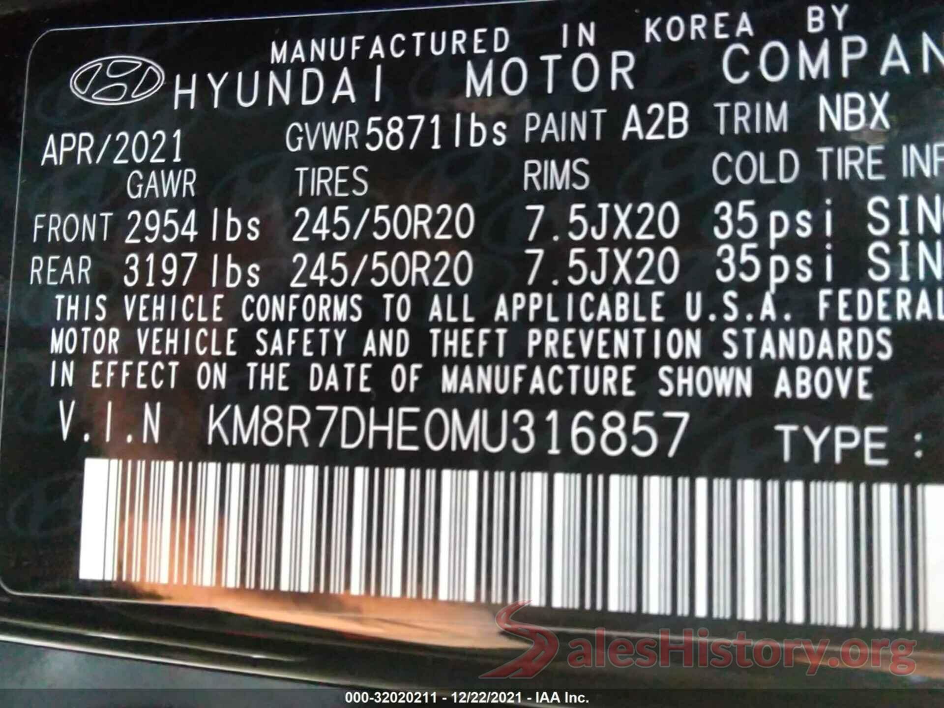 KM8R7DHE0MU316857 2021 HYUNDAI PALISADE