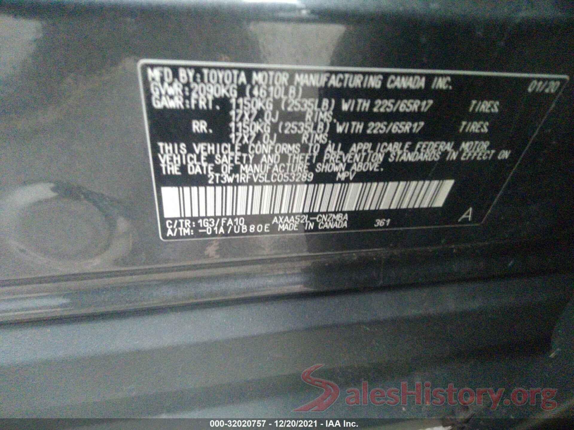 2T3W1RFV5LC053289 2020 TOYOTA RAV4