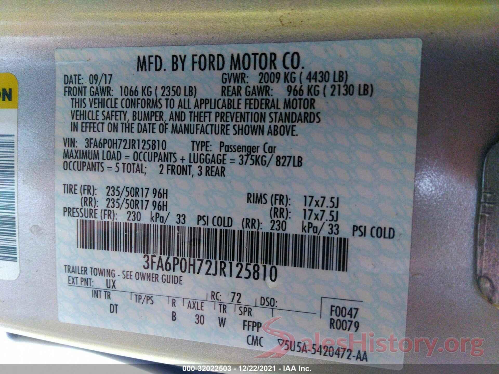 3FA6P0H72JR125810 2018 FORD FUSION