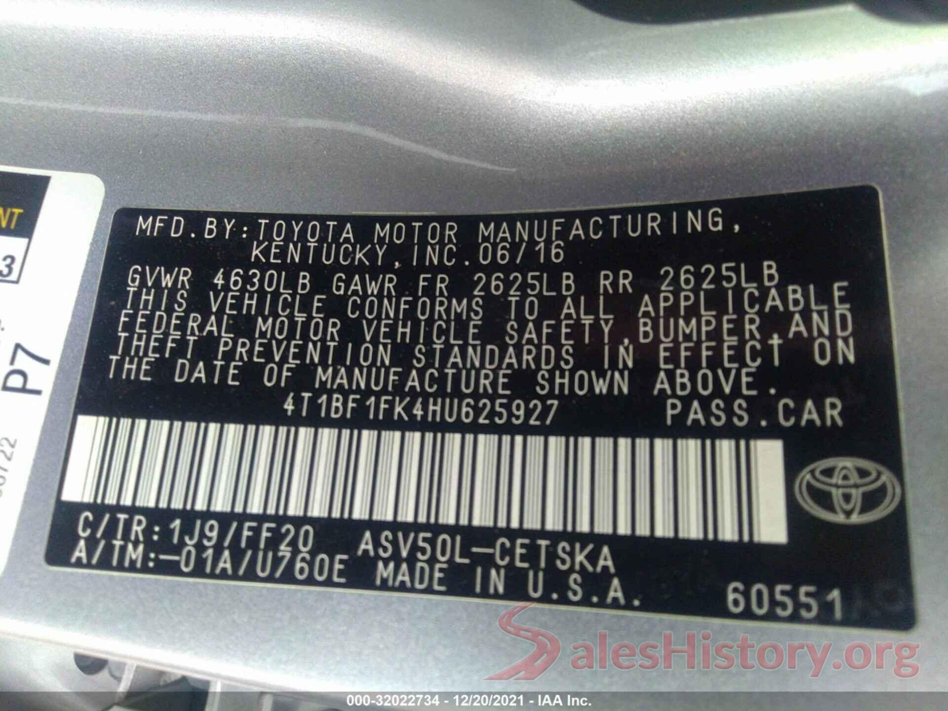 4T1BF1FK4HU625927 2017 TOYOTA CAMRY