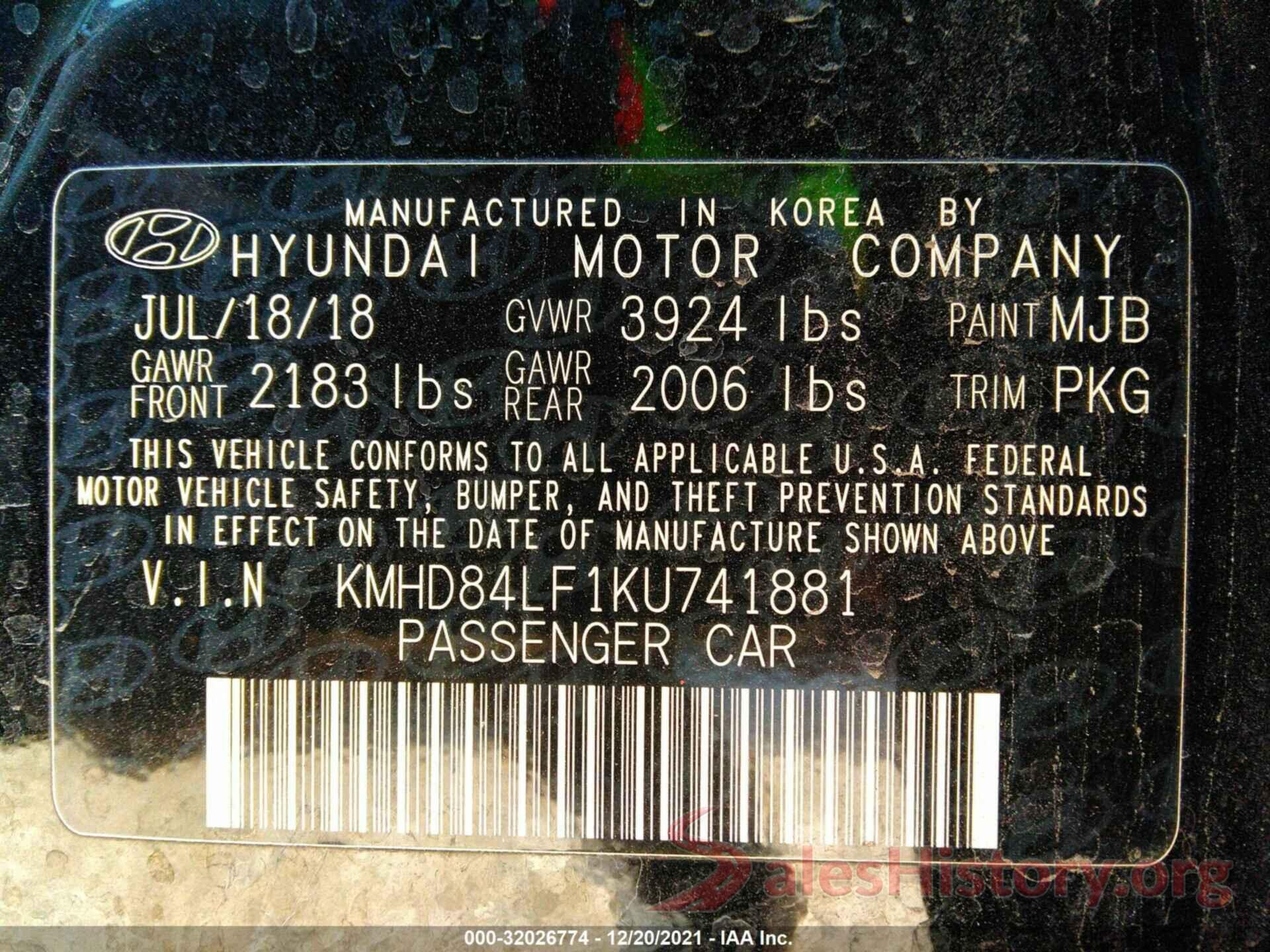 KMHD84LF1KU741881 2019 HYUNDAI ELANTRA