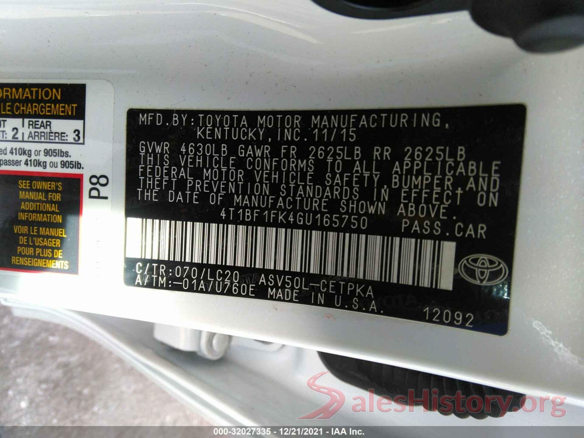 4T1BF1FK4GU165750 2016 TOYOTA CAMRY