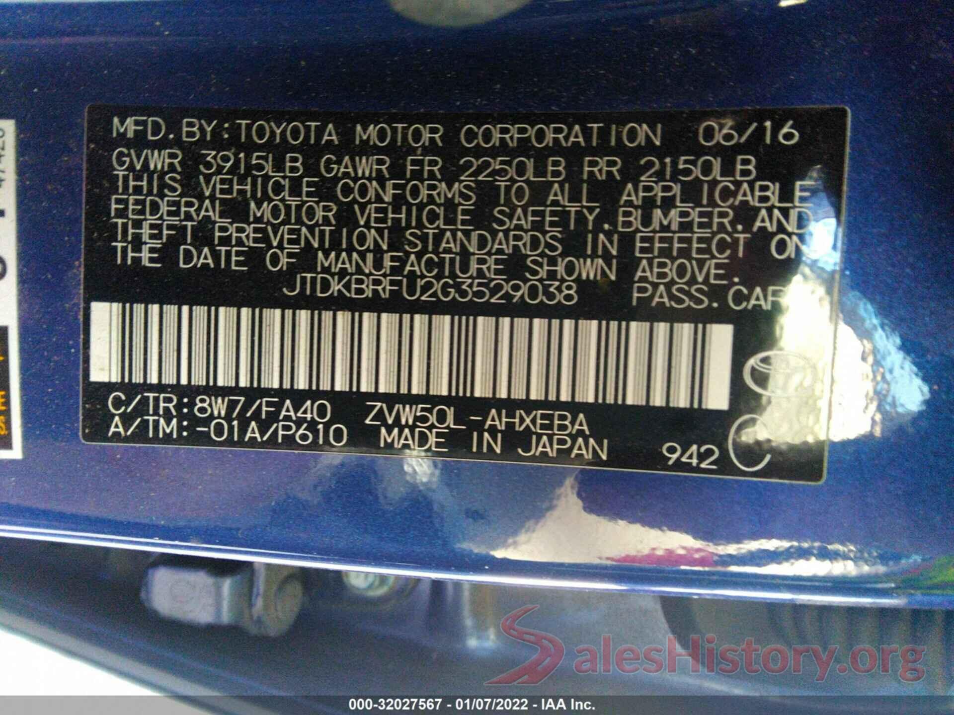 JTDKBRFU2G3529038 2016 TOYOTA PRIUS