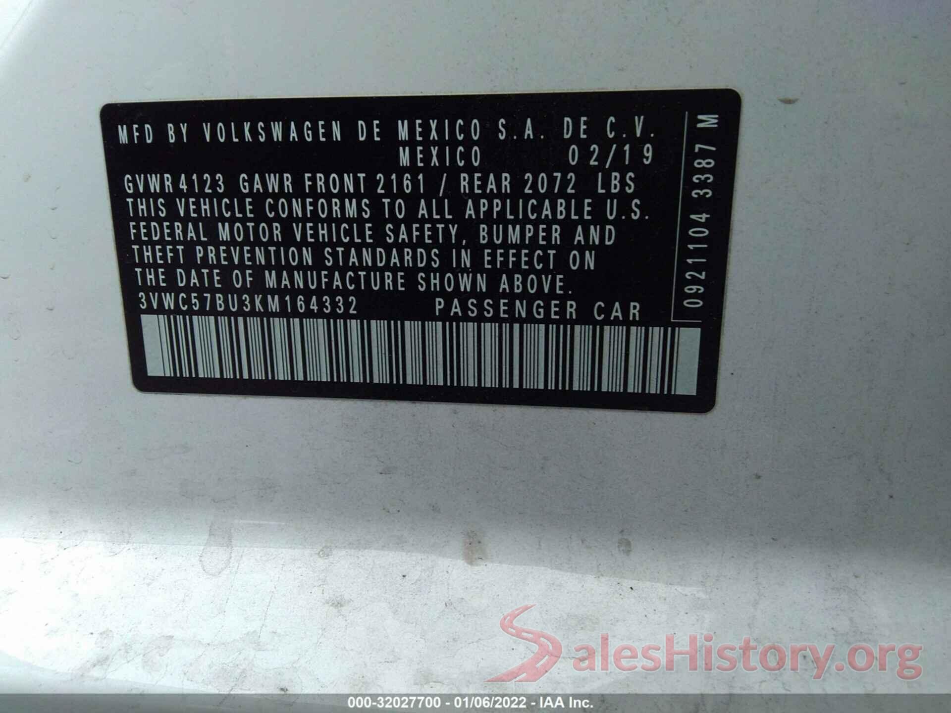 3VWC57BU3KM164332 2019 VOLKSWAGEN JETTA