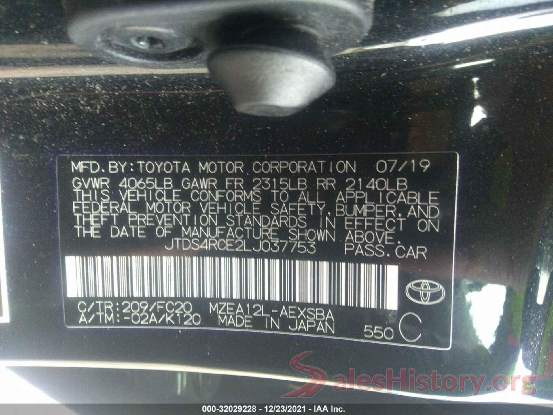 JTDS4RCE2LJ037753 2020 TOYOTA COROLLA