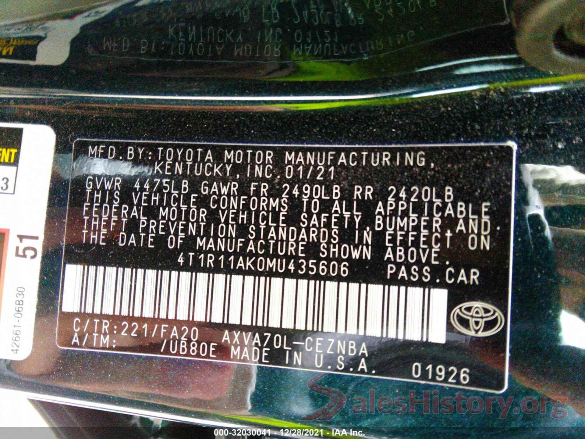 4T1R11AK0MU435606 2021 TOYOTA CAMRY