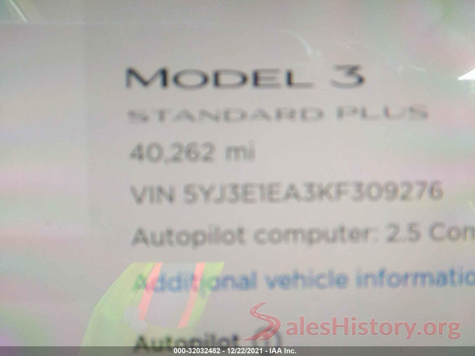 5YJ3E1EA3KF309276 2019 TESLA MODEL 3