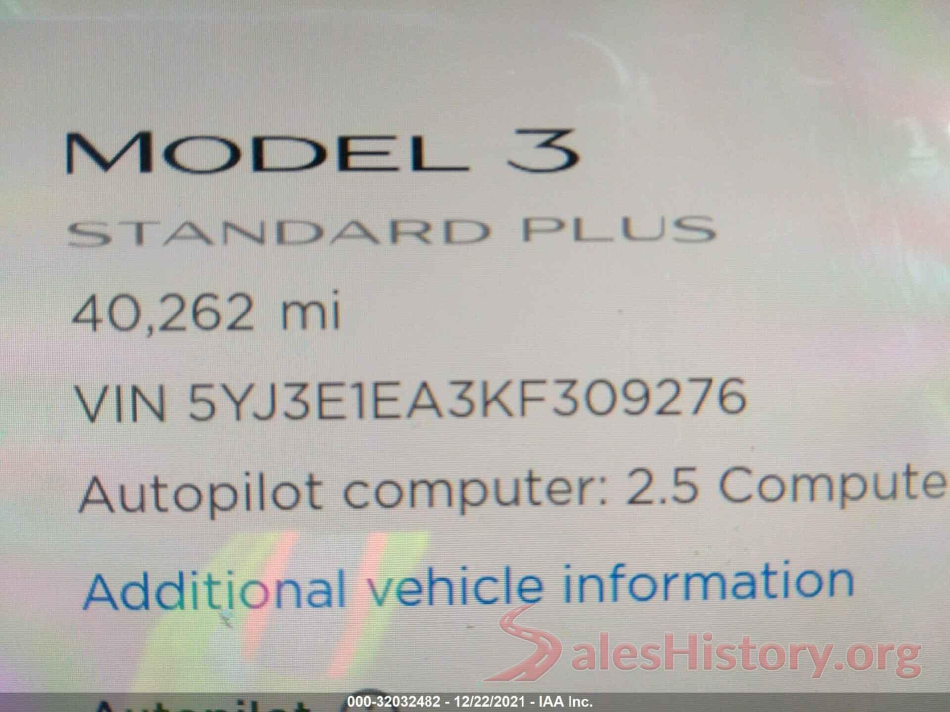 5YJ3E1EA3KF309276 2019 TESLA MODEL 3