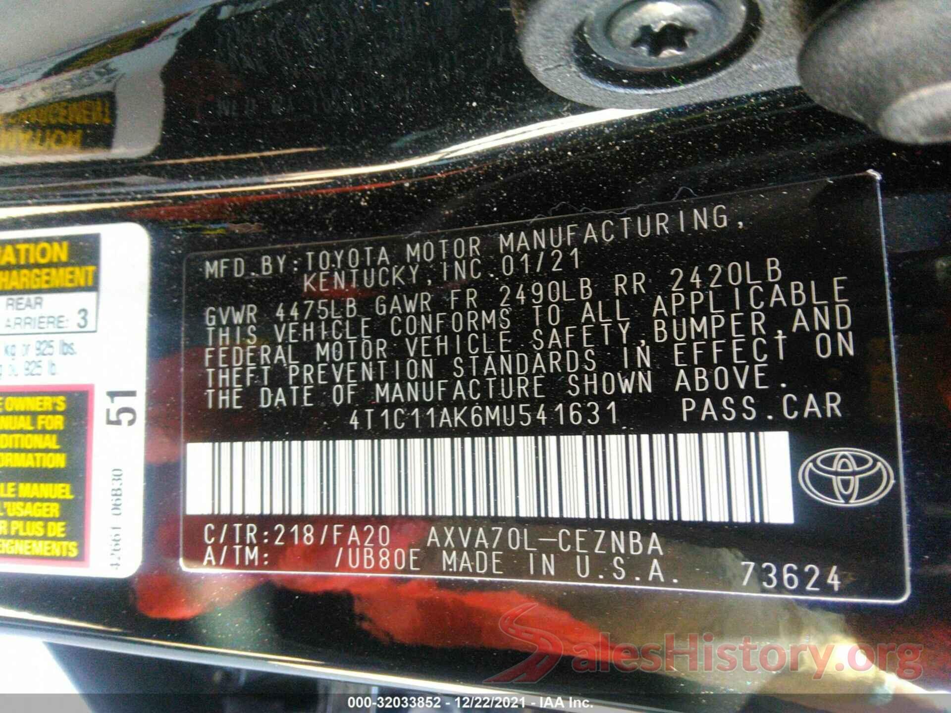 4T1C11AK6MU541631 2021 TOYOTA CAMRY