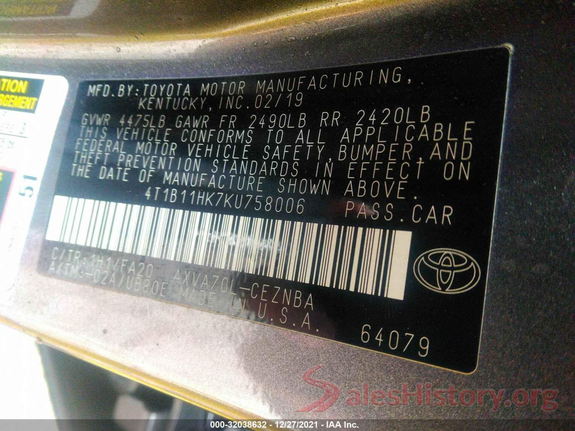 4T1B11HK7KU758006 2019 TOYOTA CAMRY