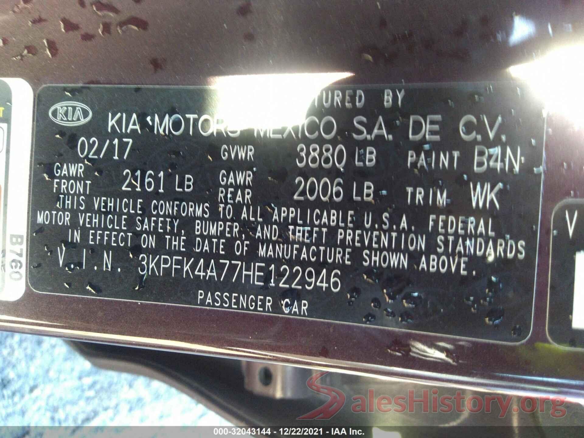 3KPFK4A77HE122946 2017 KIA FORTE