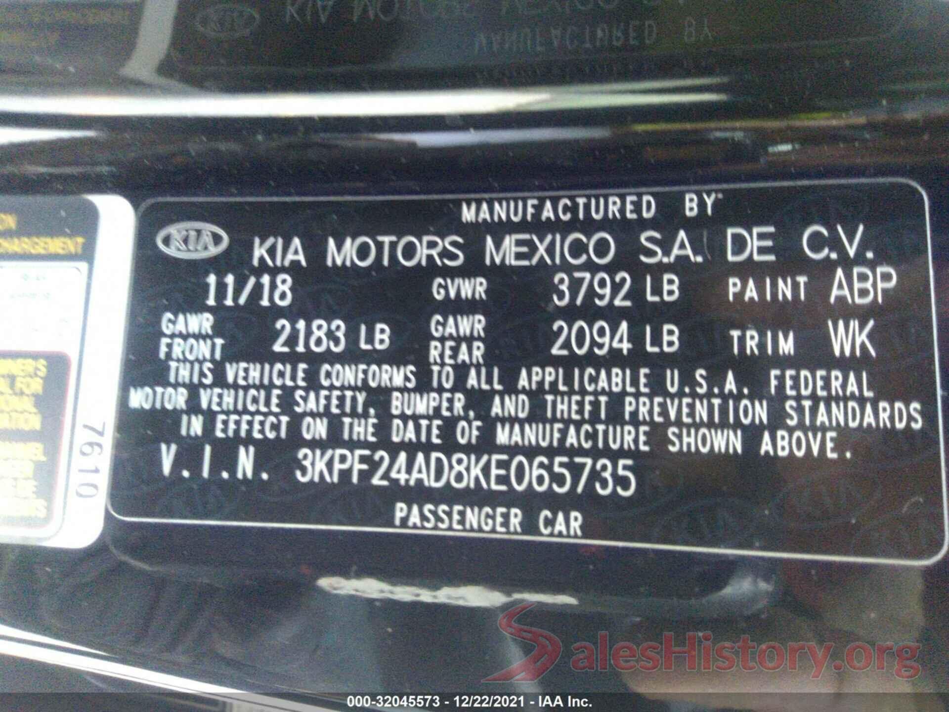 3KPF24AD8KE065735 2019 KIA FORTE