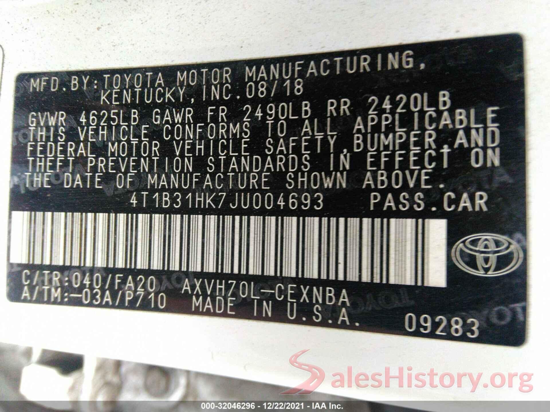 4T1B31HK7JU004693 2018 TOYOTA CAMRY