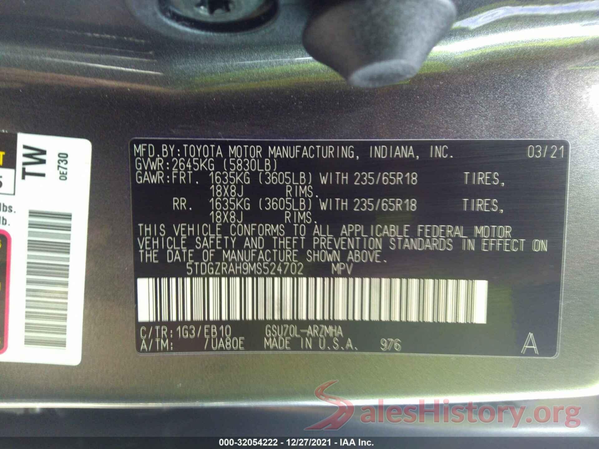 5TDGZRAH9MS524702 2021 TOYOTA HIGHLANDER