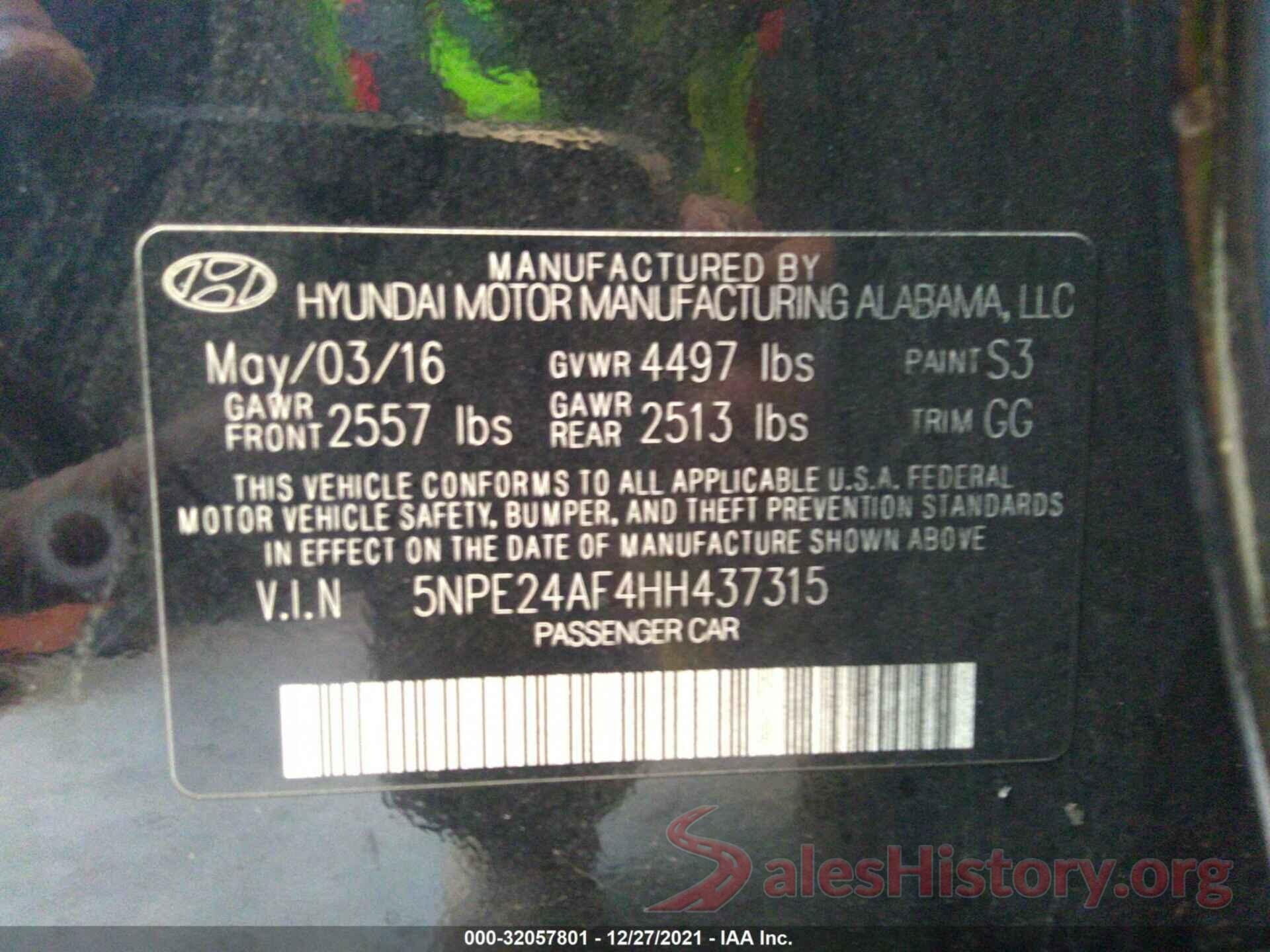 5NPE24AF4HH437315 2017 HYUNDAI SONATA