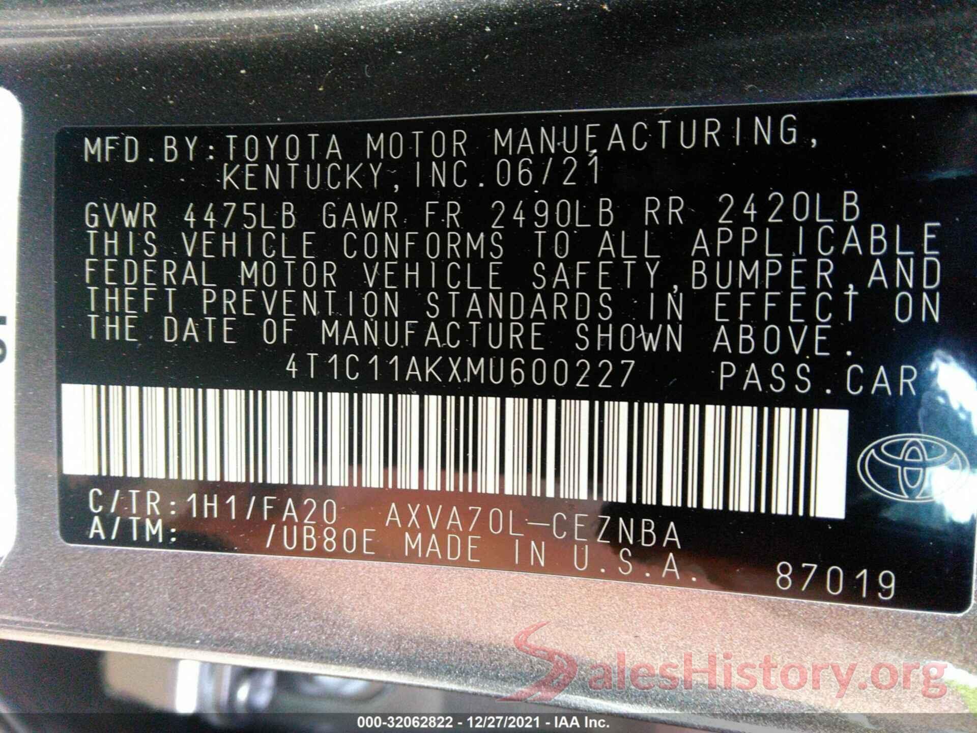 4T1C11AKXMU600227 2021 TOYOTA CAMRY