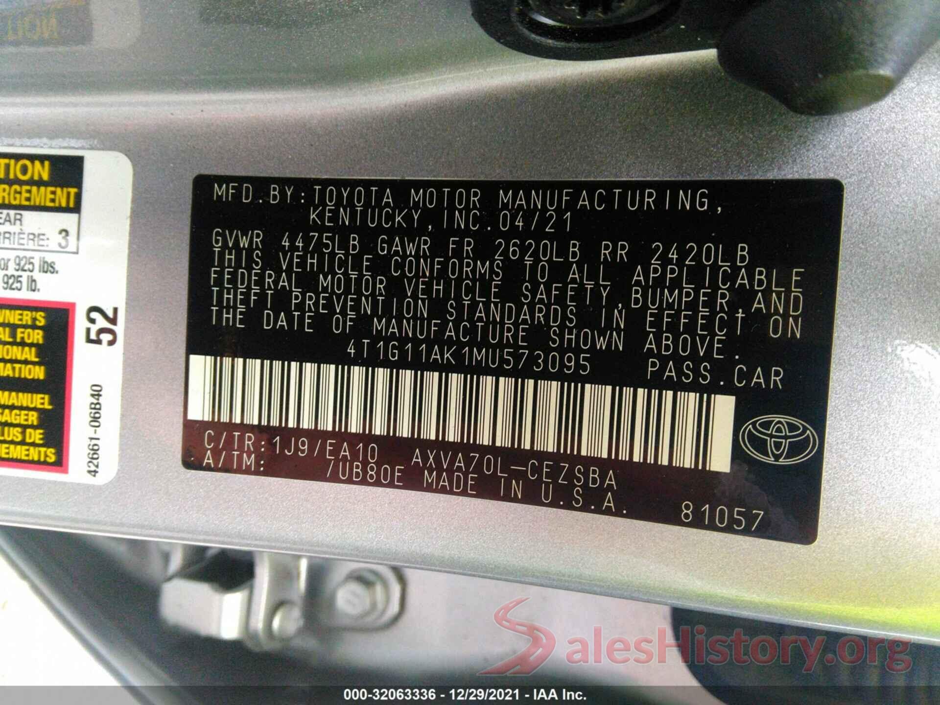 4T1G11AK1MU573095 2021 TOYOTA CAMRY