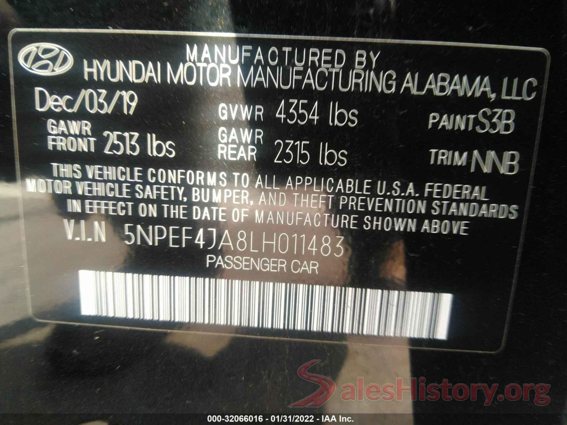 5NPEF4JA8LH011483 2020 HYUNDAI SONATA